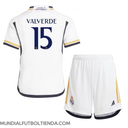 Camiseta Real Madrid Federico Valverde #15 Primera Equipación Replica 2023-24 para niños mangas cortas (+ Pantalones cortos)
